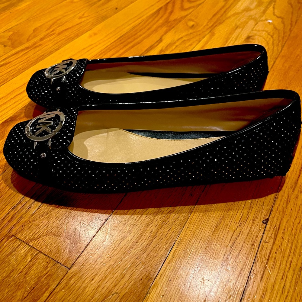 Michael Kors Fulton Flat Glitter Velvet Black/ Silver Moccasins .